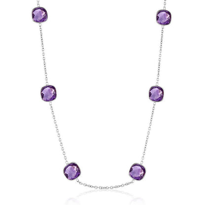 Sterling Silver, Square Bezel-Set, Amethyst Station Necklace - (28.65cttw)