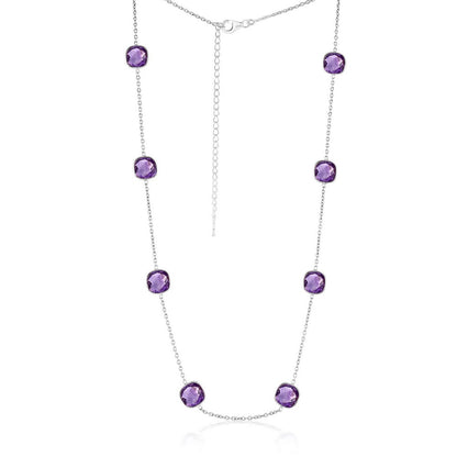 Sterling Silver, Square Bezel-Set, Amethyst Station Necklace - (28.65cttw)