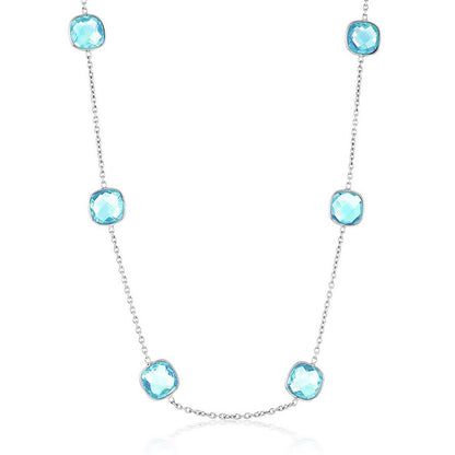 Sterling Silver, Square Bezel-Set, Blue-Topaz Station Necklace - (38.68cttw)