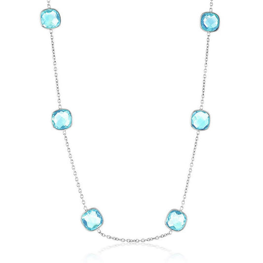 Sterling Silver, Square Bezel-Set, Blue-Topaz Station Necklace - (38.68cttw)