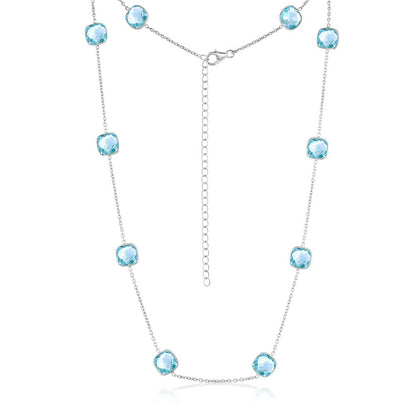 Sterling Silver, Square Bezel-Set, Blue-Topaz Station Necklace - (38.68cttw)