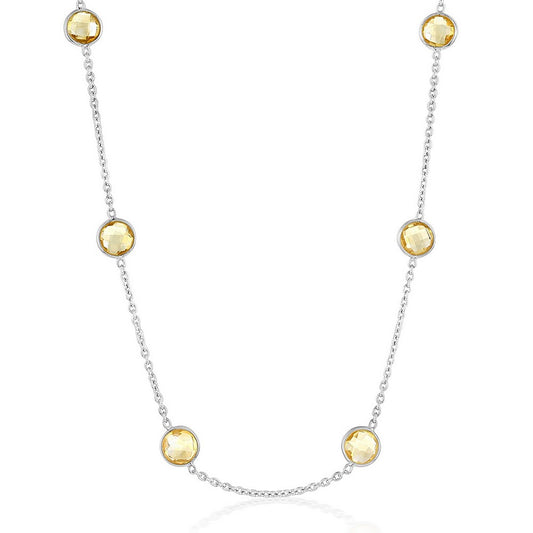 Sterling Silver Bezel-Set 7mm Round Gemstone Station Necklace - Citrine (10.70cttw)