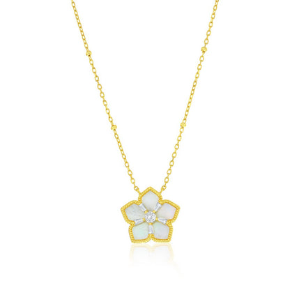 Sterling Silver, MOP & CZ Flower Necklace - Gold Plated