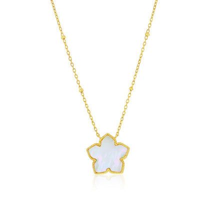 Sterling Silver, MOP & CZ Flower Necklace - Gold Plated