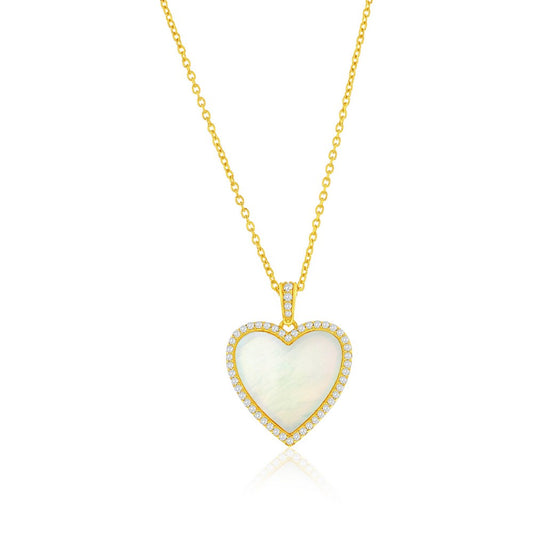 Sterling Silver, MOP Heart w/ CZ Border Necklace - Gold Plated