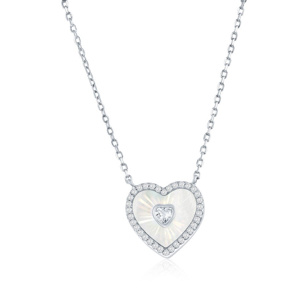 Sterling Silver, D-C Heart MOP & CZ Necklace