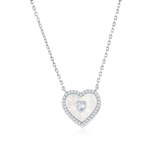 Sterling Silver, D-C Heart MOP & CZ Necklace