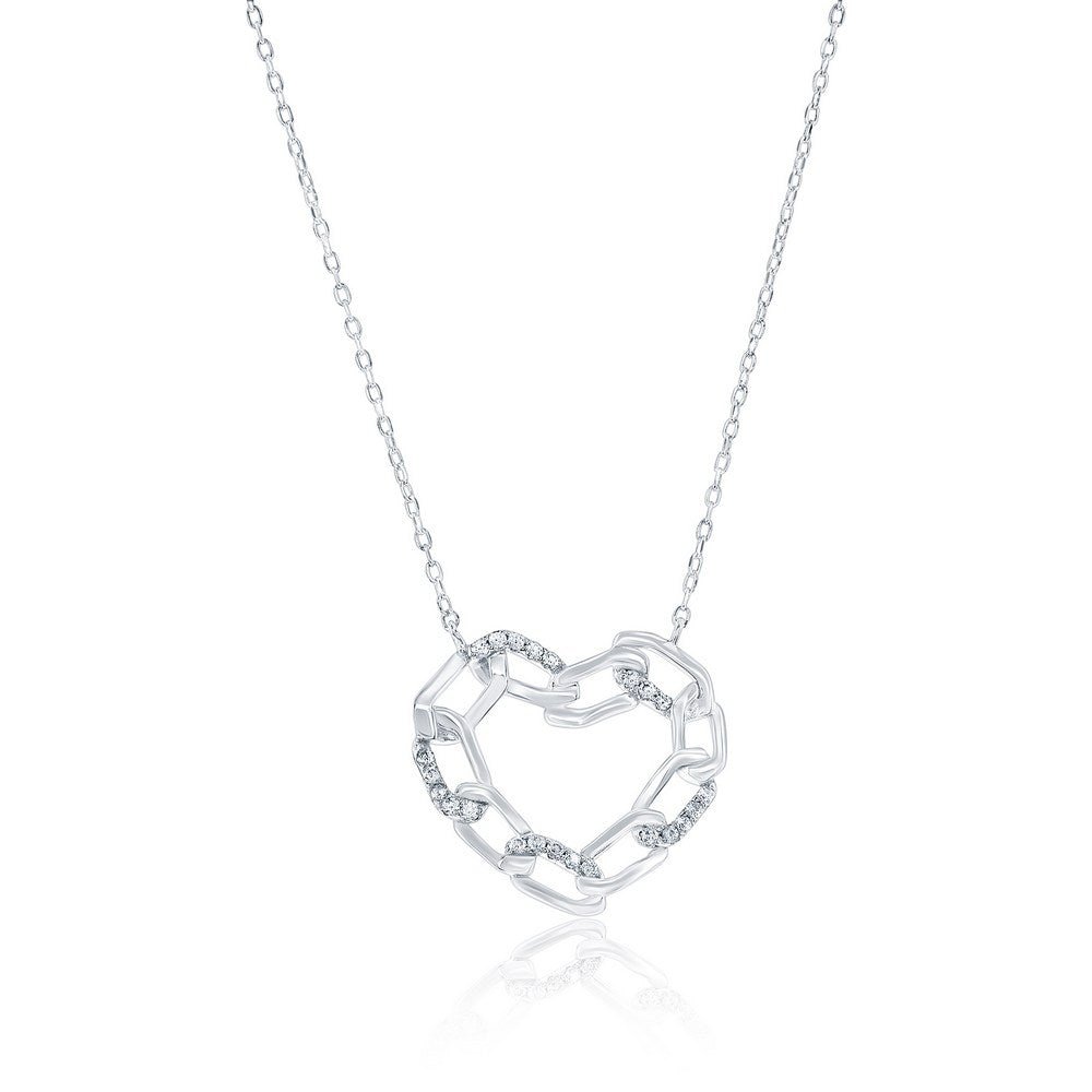 Sterling Silver, CZ Chain Design Heart Necklace