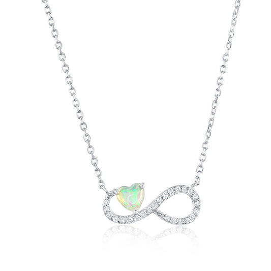 Sterling Silver, White Opal Heart, CZ Infinity Necklace