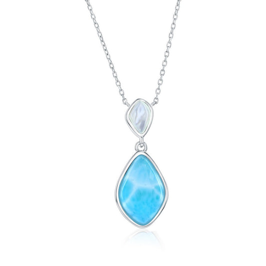 Sterling Silver, Marquise Larimar & MOP Necklace
