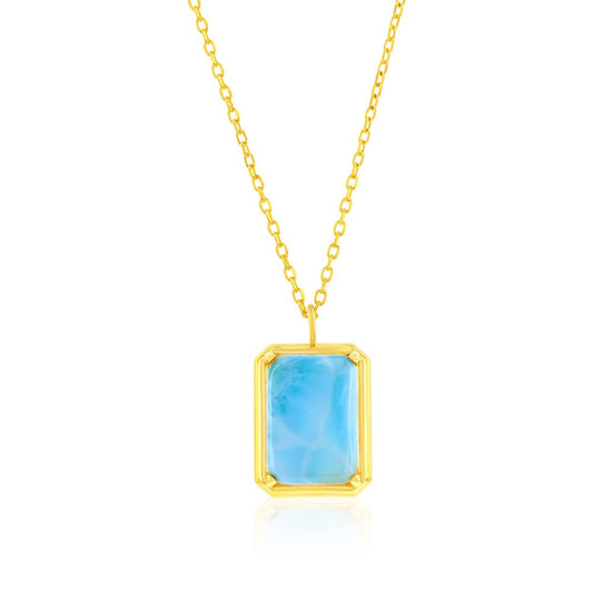 Sterling Silver, Rectangle Larimar Necklace - Gold Plated