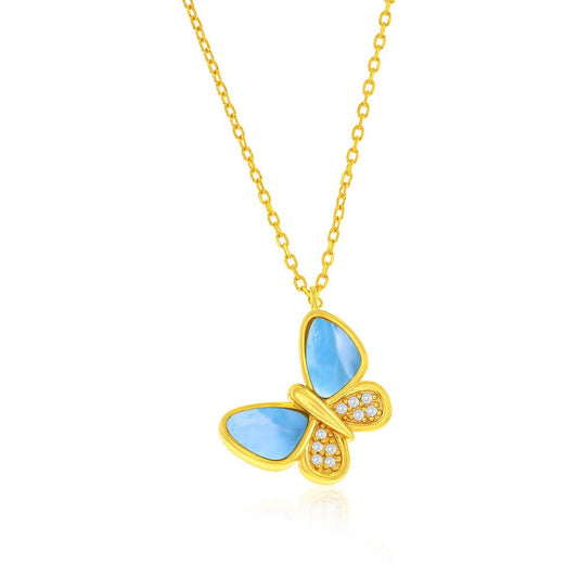Sterling Silver, Larimar & CZ Butterfly Necklace - Gold Plated
