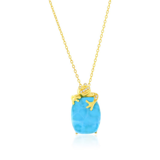 Sterling Silver, Oval Larimar & CZ Frog Necklace - Gold Plated