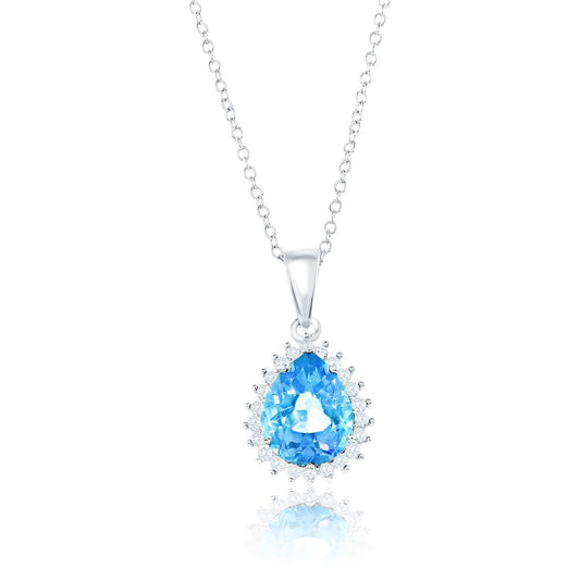 Sterling Silver, Pearshaped Halo Gem Necklace - Blue & White Topaz