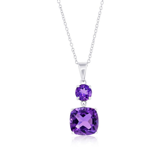 Sterling Silver, Round & Square Gem Necklace - Amethyst