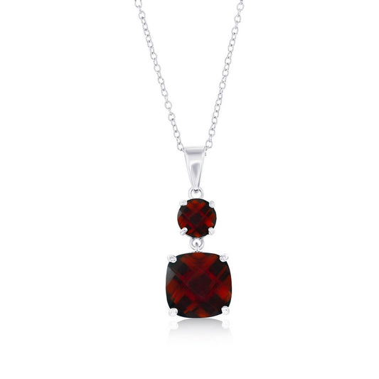 Sterling Silver, Round & Square Gem Necklace - Garnet