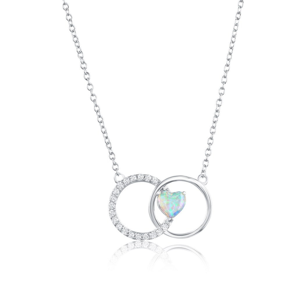 Sterling Silver, Opal Heart, Polished & CZ Circle Necklace