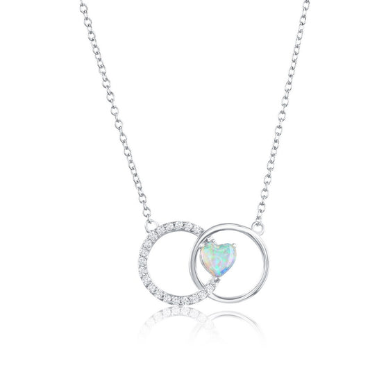 Sterling Silver, Opal Heart, Polished & CZ Circle Necklace