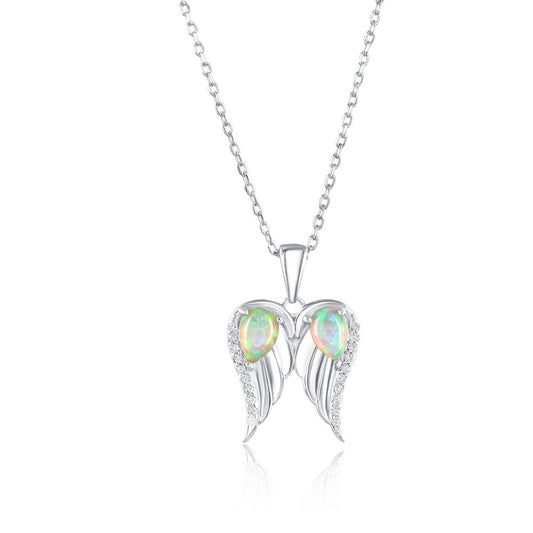Sterling Silver, Pearshaped Opal, CZ Angel Wings Necklace