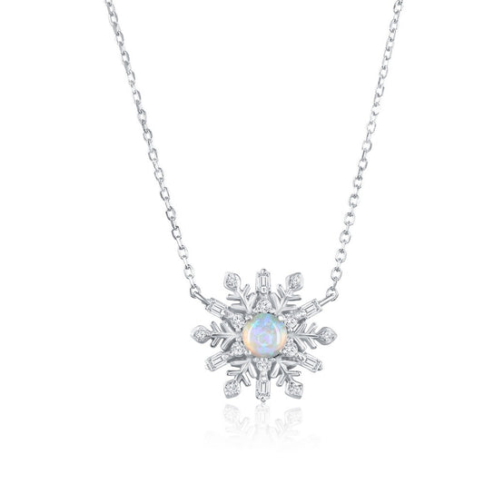 Sterling Silver, Opal & CZ Snowflake Necklace