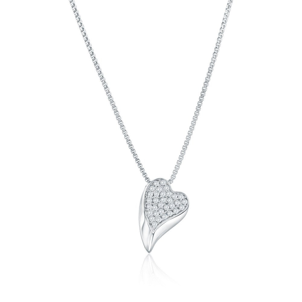 Sterling Silver, Polished & Pave CZ Heart Necklace