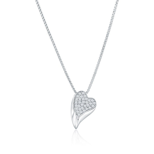 Sterling Silver, Polished & Pave CZ Heart Necklace