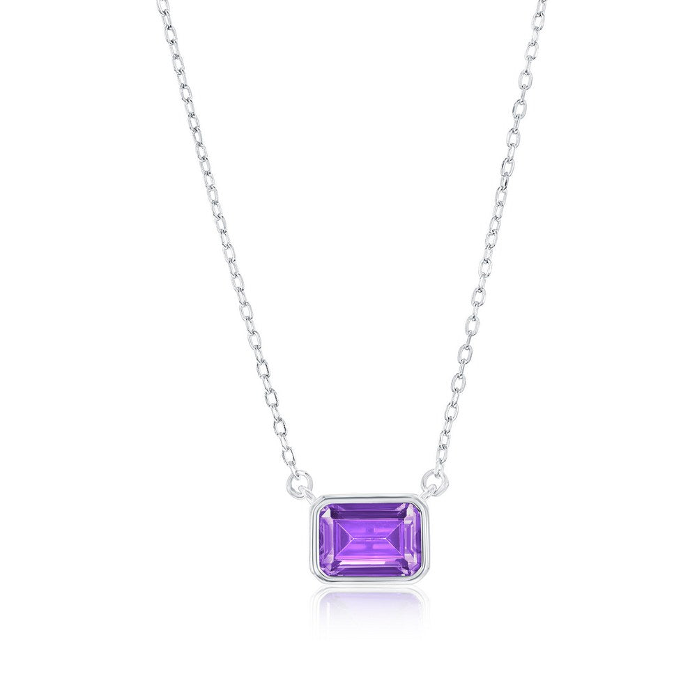 Sterling Silver, 'Feburary' Birthstone Rectangle CZ Necklace - Amethyst