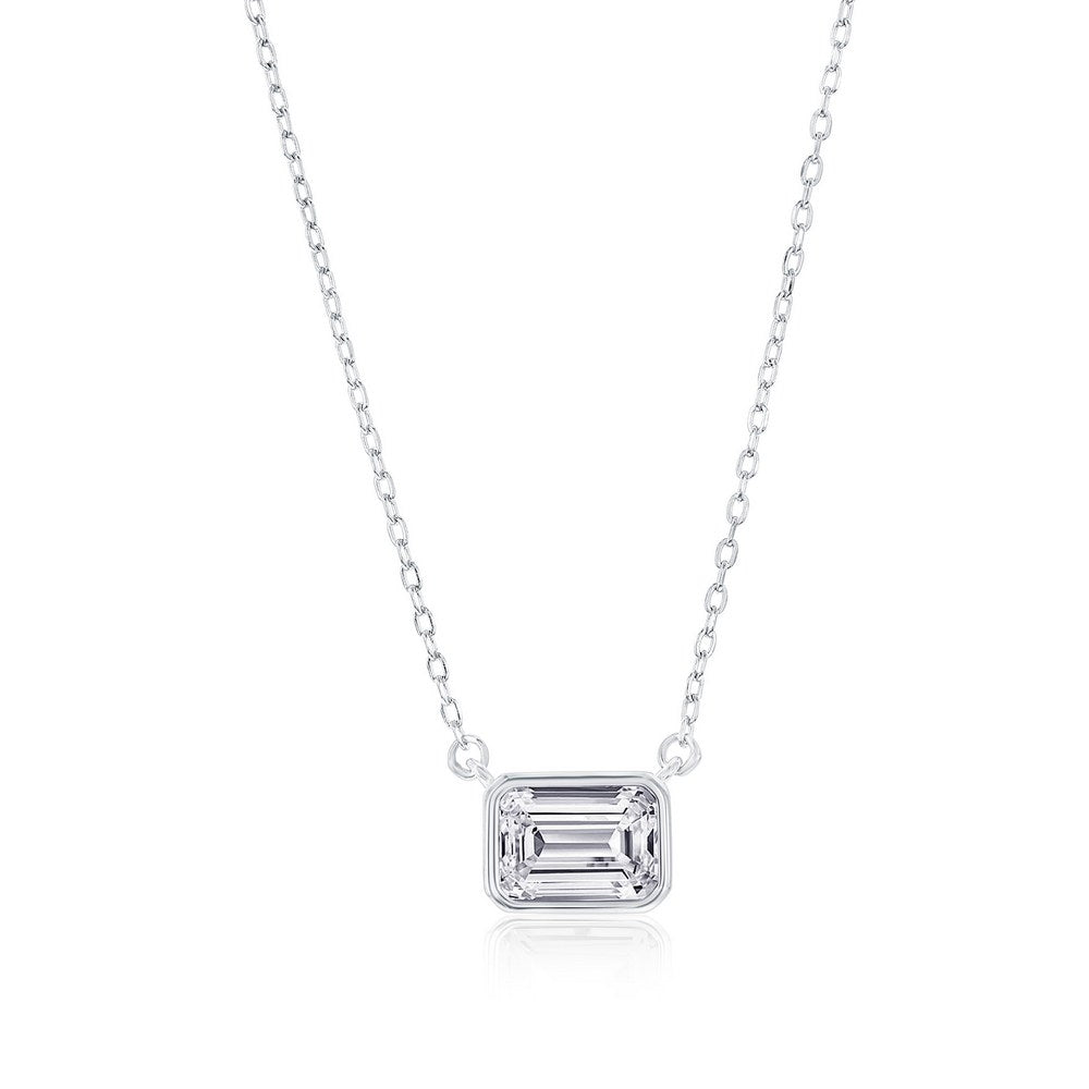 Sterling Silver, 'April' Birthstone Rectangle CZ Necklace - White CZ