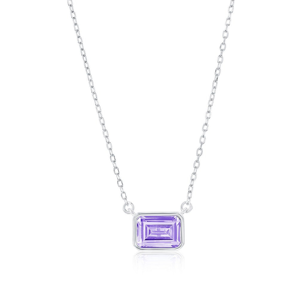 Sterling Silver, 'June' Birthstone Rectangle CZ Necklace - Lavender
