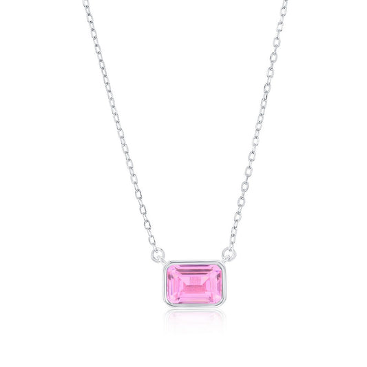 Sterling Silver, 'October' Birthstone Rectangle CZ Necklace - Pink
