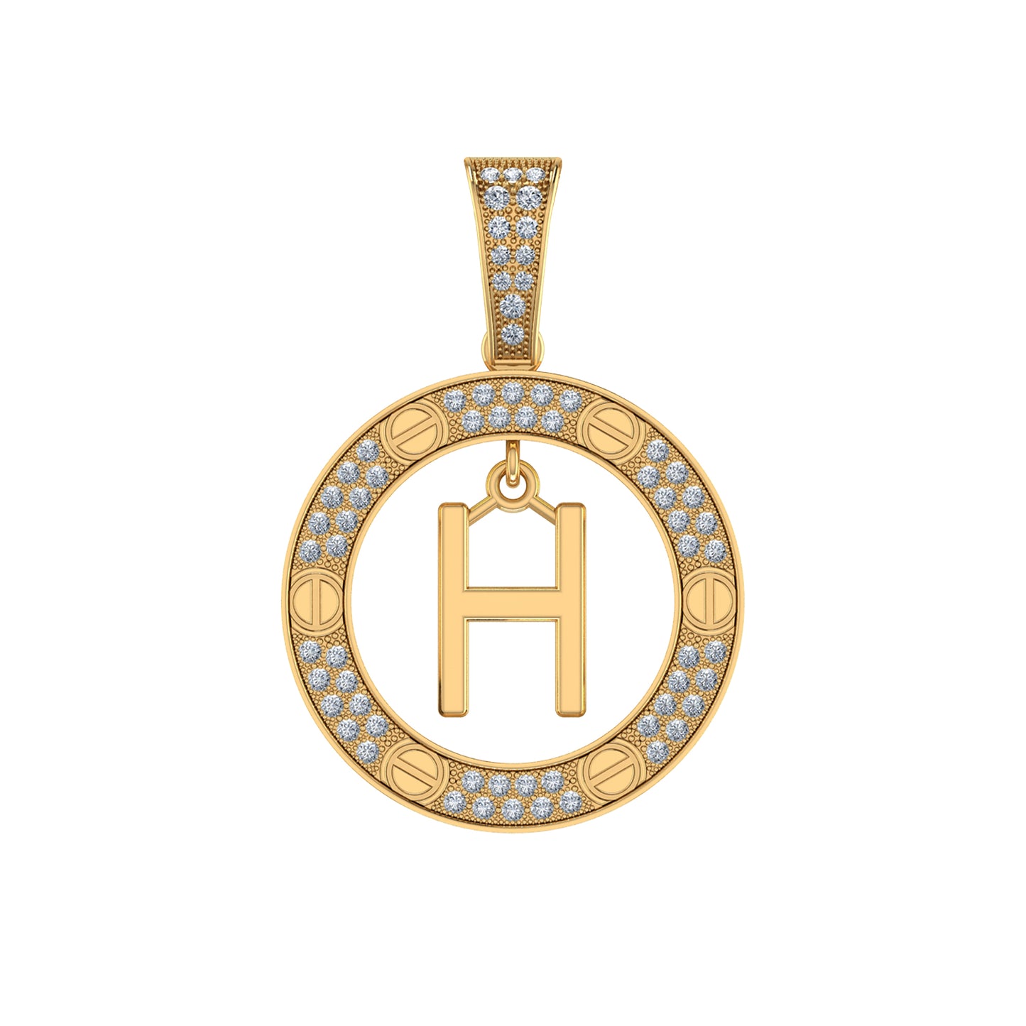 10K Yellow Gold Round Diamond H Letter Initial Pendant 1/5 Cttw
