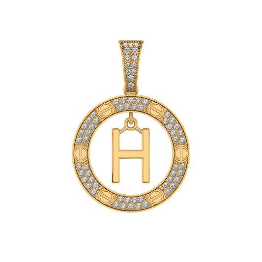 10K Yellow Gold Round Diamond H Letter Initial Pendant 1/5 Cttw