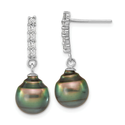 Sterling Silver RH 9-10mm Tahitian Saltwater Pearl CZ Ear & Neck Set