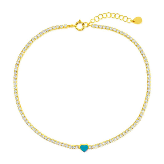Sterling Silver, Enamel Heart, CZ Tennis Gold Plated Anklet - Turquoise