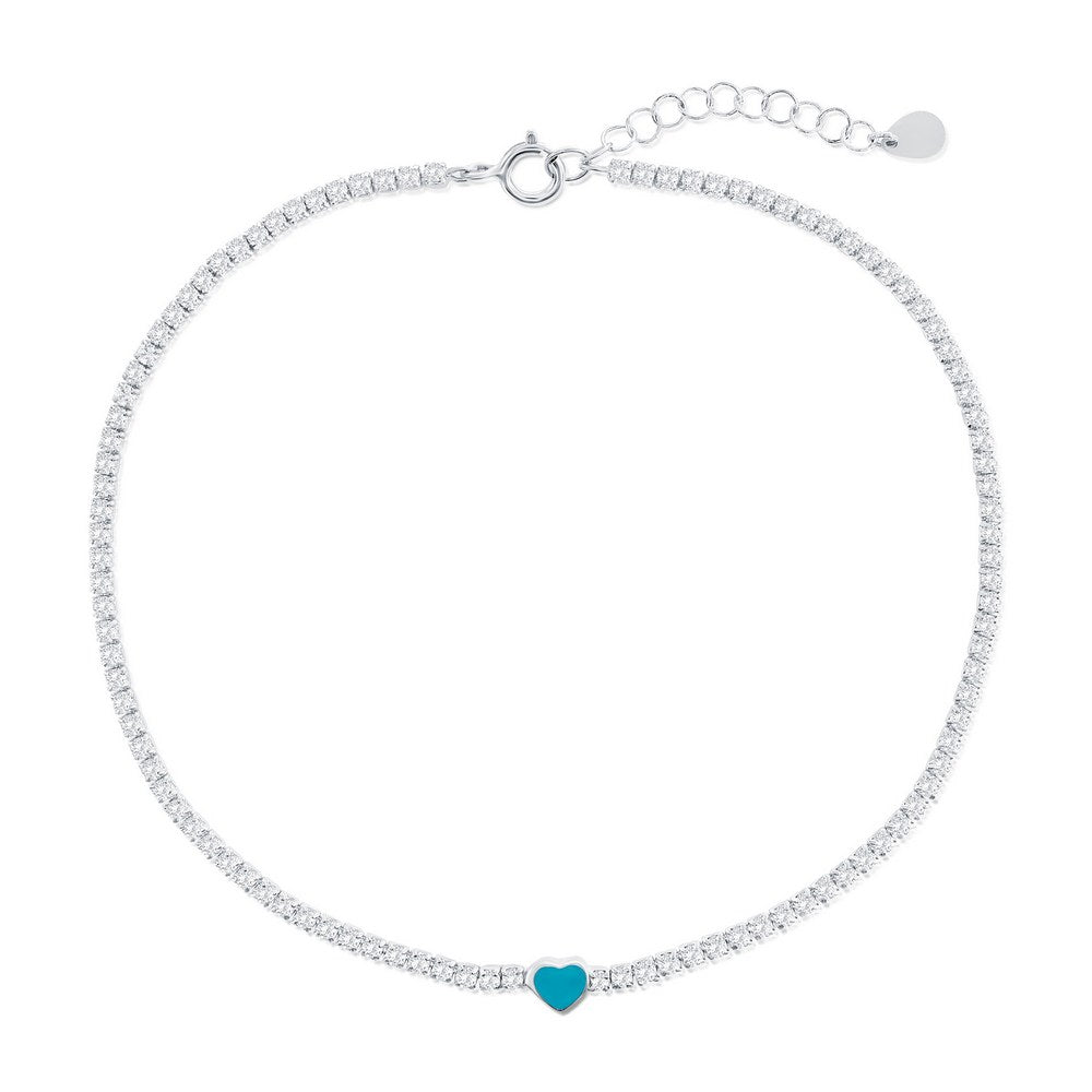 Sterling Silver, Enamel Heart, CZ Tennis Anklet - Turquoise
