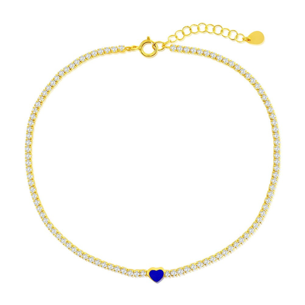 Sterling Silver, Enamel Heart, CZ Tennis Gold Plated Anklet - Blue