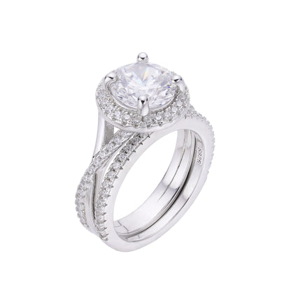 Elegant moissanite designer women's ring with a round center stone and sparkling halo setting