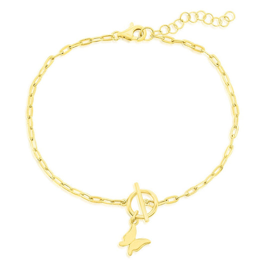 Sterling Silver, Butterfly Charm Paperclip Toggle Bracelet - Gold Plated