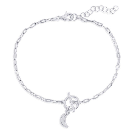 Sterling Silver, Crescent Moon Charm Paperclip Toggle Bracelet