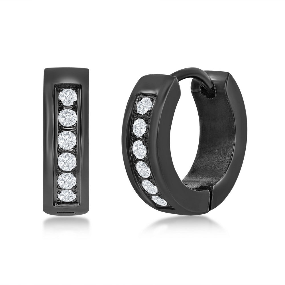 Stainless Steel 13mm Huggie Hoop Single Row CZ Earrings - Black Plated