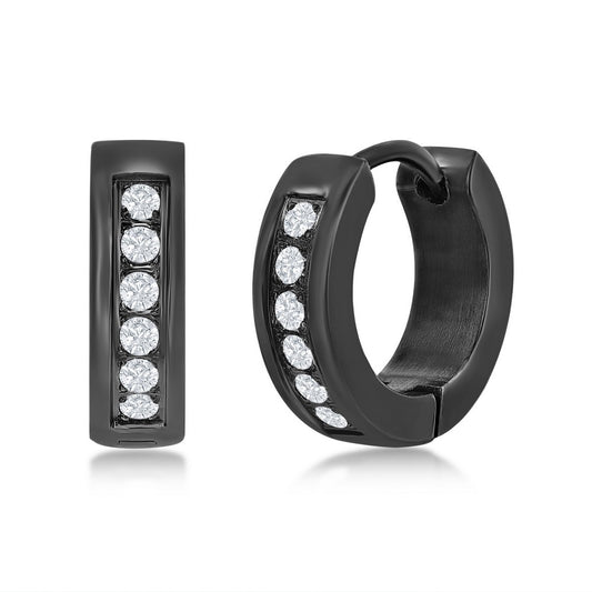 Stainless Steel 13mm Huggie Hoop Single Row CZ Earrings - Black Plated