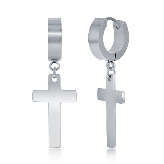 Stainless Steel Cross Charm Polished Huggie Hoop Earrings