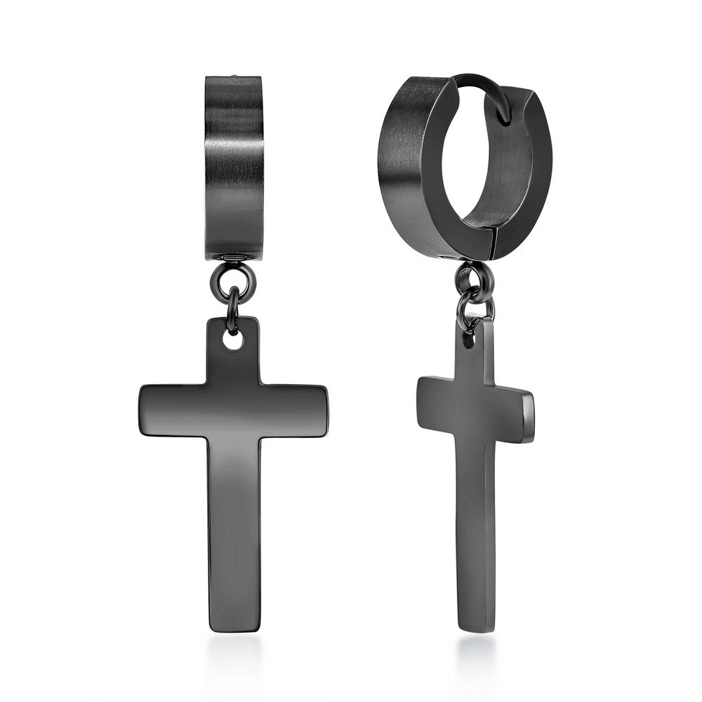 Stainless Steel Cross Charm Polished Huggie Hoop Earrings - Black Plated