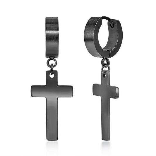 Stainless Steel Cross Charm Polished Huggie Hoop Earrings - Black Plated