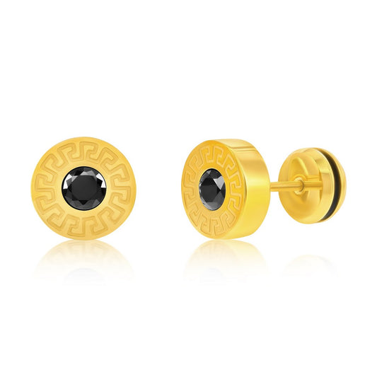 Stainless Steel, 10mm Round Greek Key CZ Studs - Gold Plated