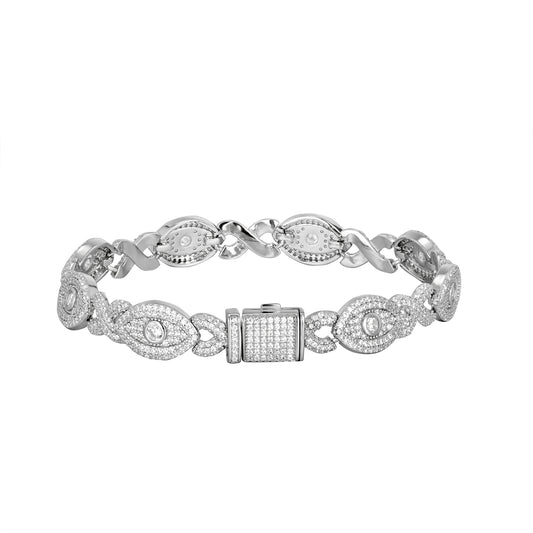 Elegant sterling silver infinity bracelet with intricate design and sparkling accents