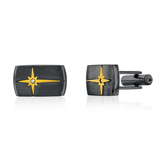 Stainless Steel, Rectangle North Star CZ Cuff Links - Black & Gold