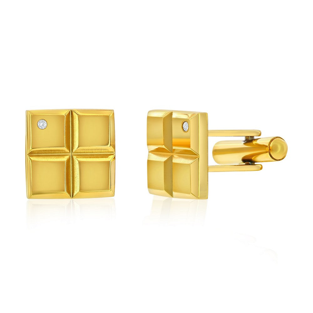 Stainless Steel, Square Single CZ Cuff Links - Gold Plated
