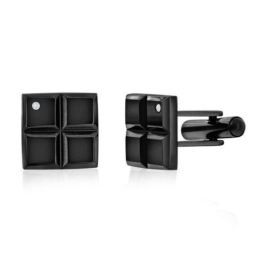 Stainless Steel, Square Single CZ Cuff Links - Black Plated
