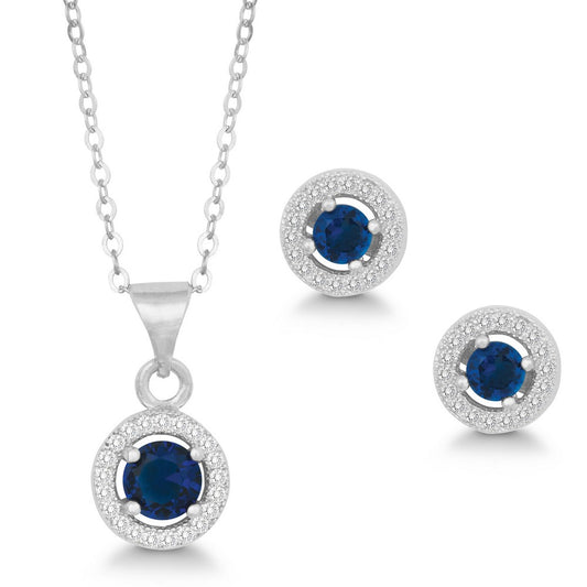 Sterling Silver Round Pendant and Earrings Set w/Chain - Navy Blue CZ